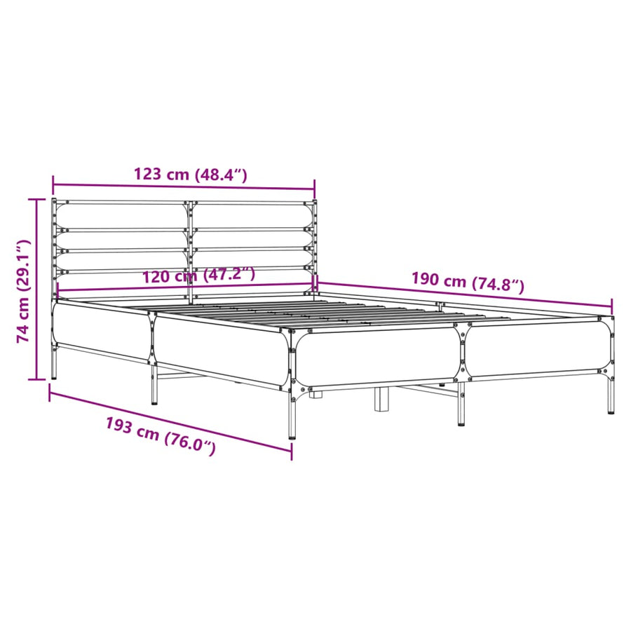Bedframe bewerkt hout metaal gerookt eikenkleurig 120x190 cm