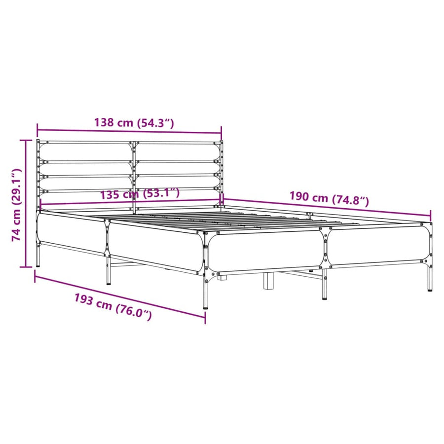 Bedframe bewerkt hout metaal gerookt eikenkleurig 135x190 cm