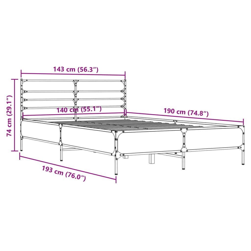 Bedframe bewerkt hout metaal gerookt eikenkleurig 140x190 cm