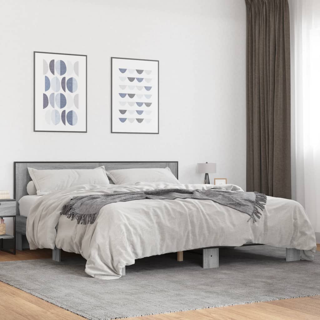 Bedframe bewerkt hout metaal grijs sonoma eiken 200x200 cm