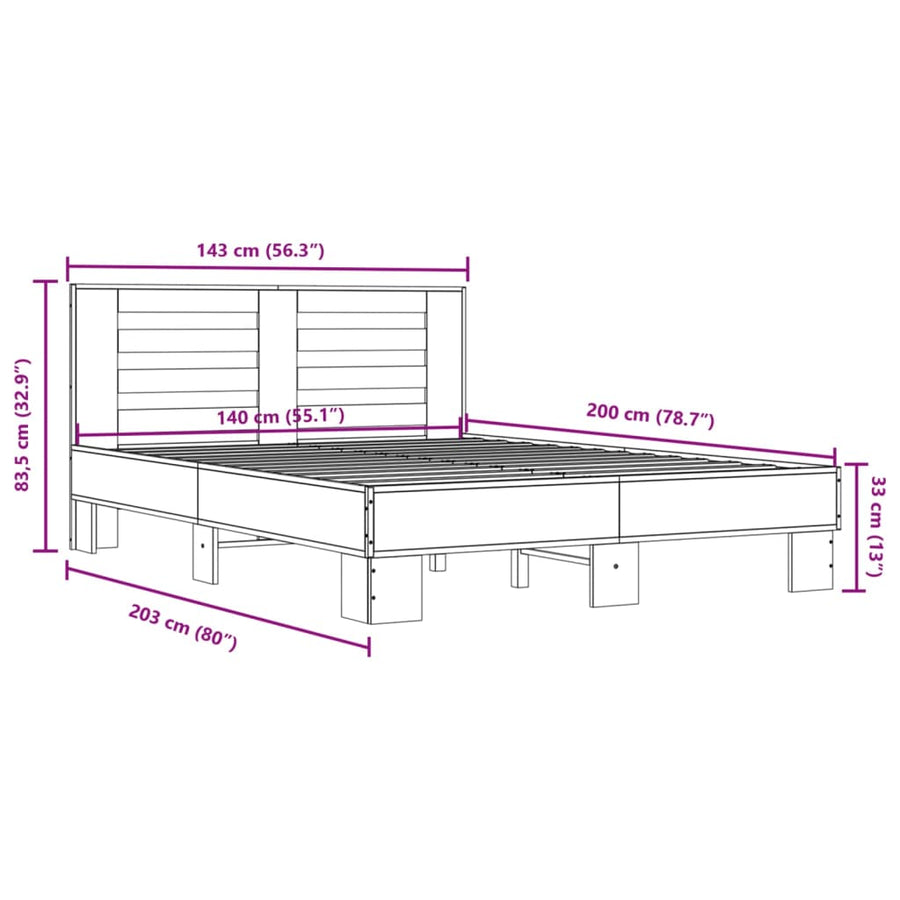 Bedframe bewerkt hout metaal sonoma eikenkleurig 140x200 cm