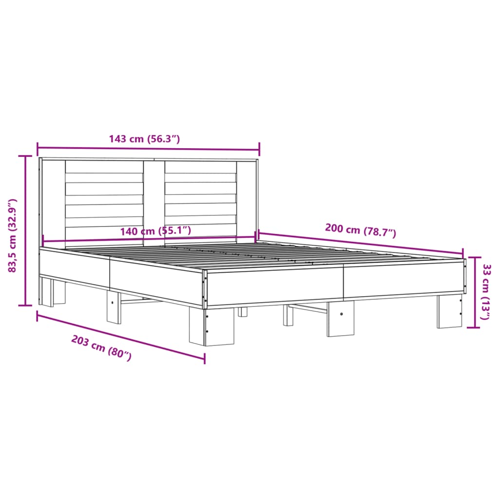 Bedframe bewerkt hout metaal grijs sonoma eiken 140x200 cm