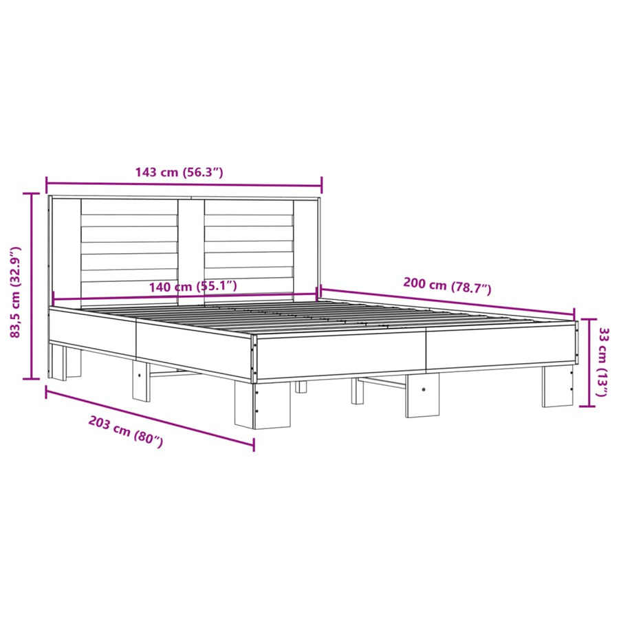 Bedframe bewerkt hout metaal grijs sonoma eiken 140x200 cm