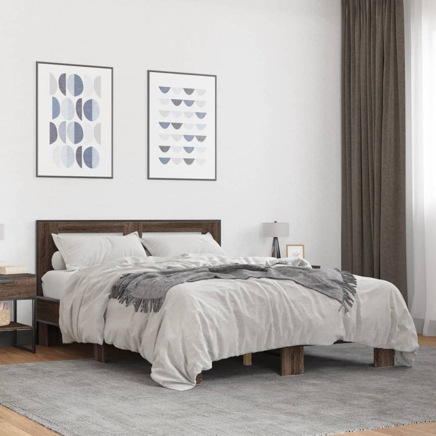 Bedframe bewerkt hout metaal bruin eikenkleur 140x190 cm