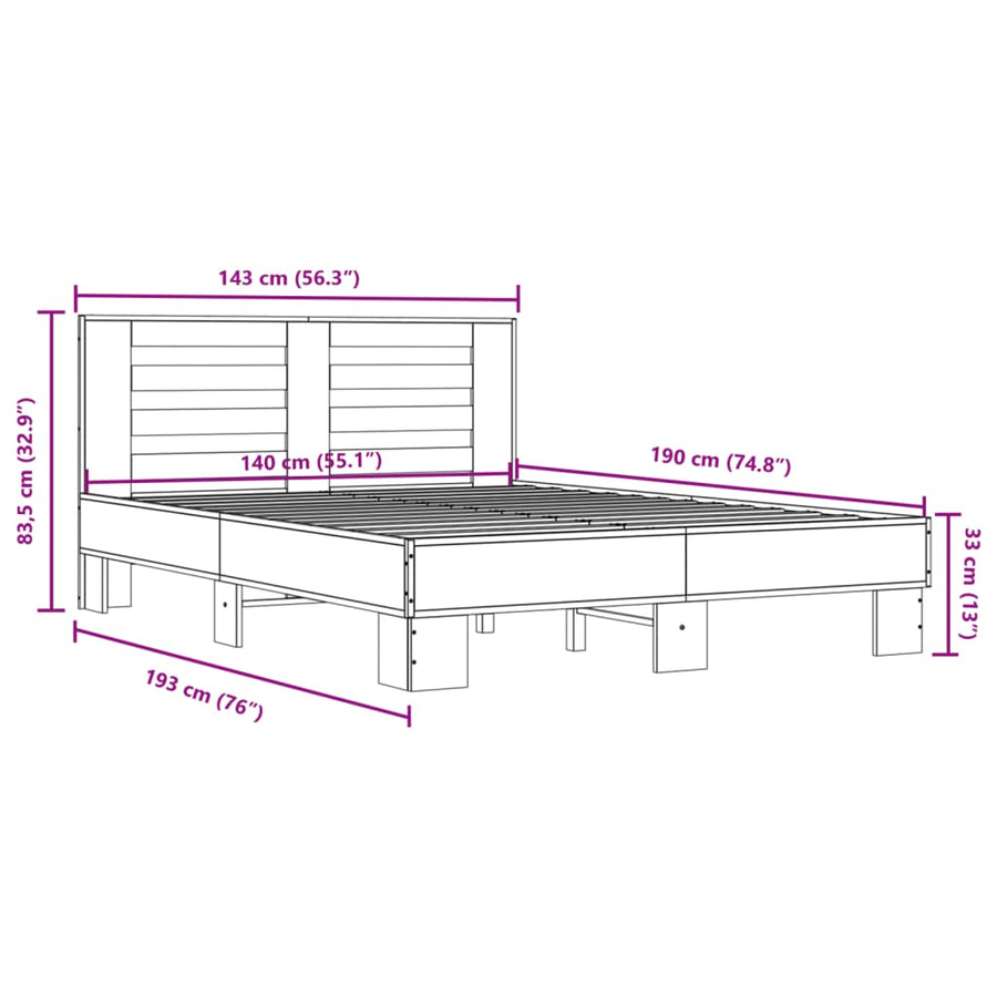 Bedframe bewerkt hout metaal bruin eikenkleur 140x190 cm