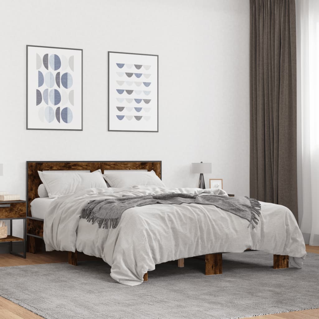 Bedframe bewerkt hout metaal gerookt eikenkleurig 135x190 cm