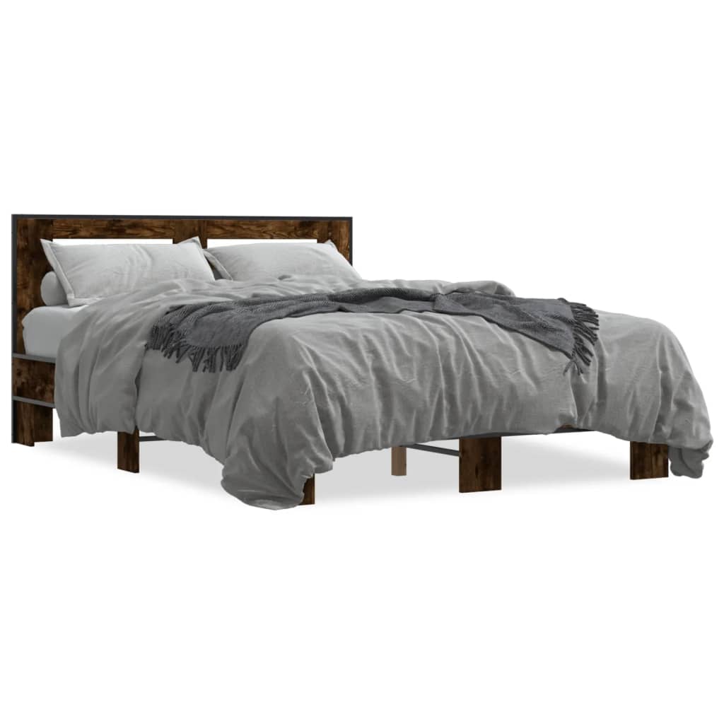 Bedframe bewerkt hout metaal gerookt eikenkleurig 135x190 cm