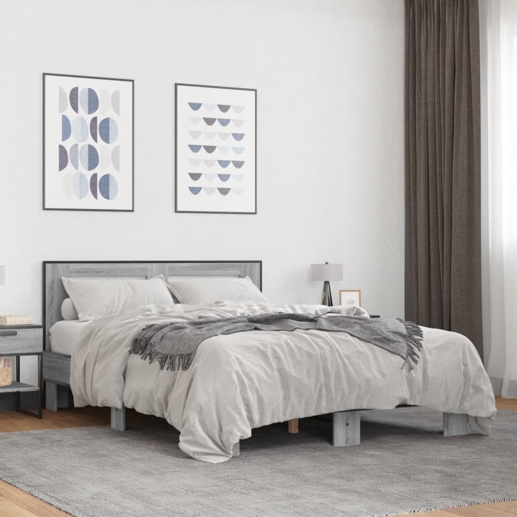 Bedframe bewerkt hout metaal grijs sonoma eiken 135x190 cm