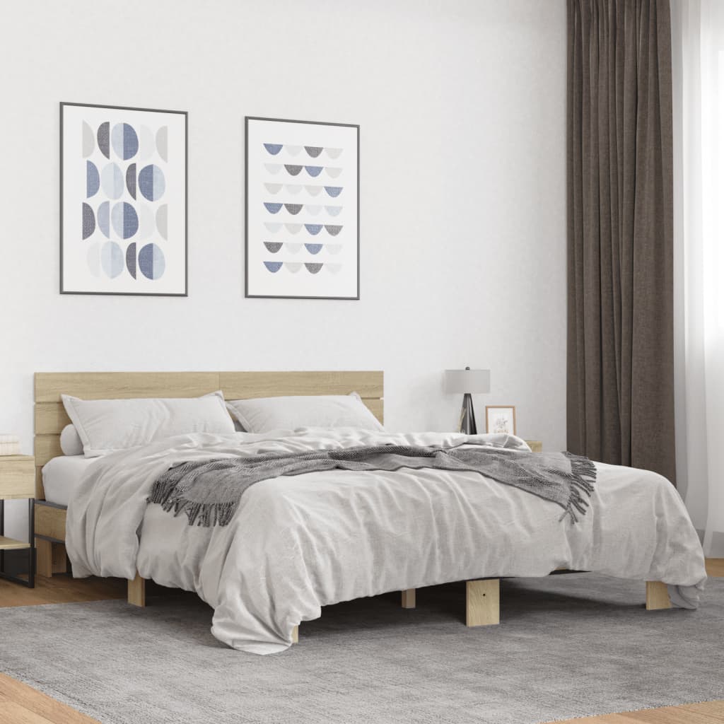 Bedframe bewerkt hout metaal sonoma eikenkleurig 150x200 cm