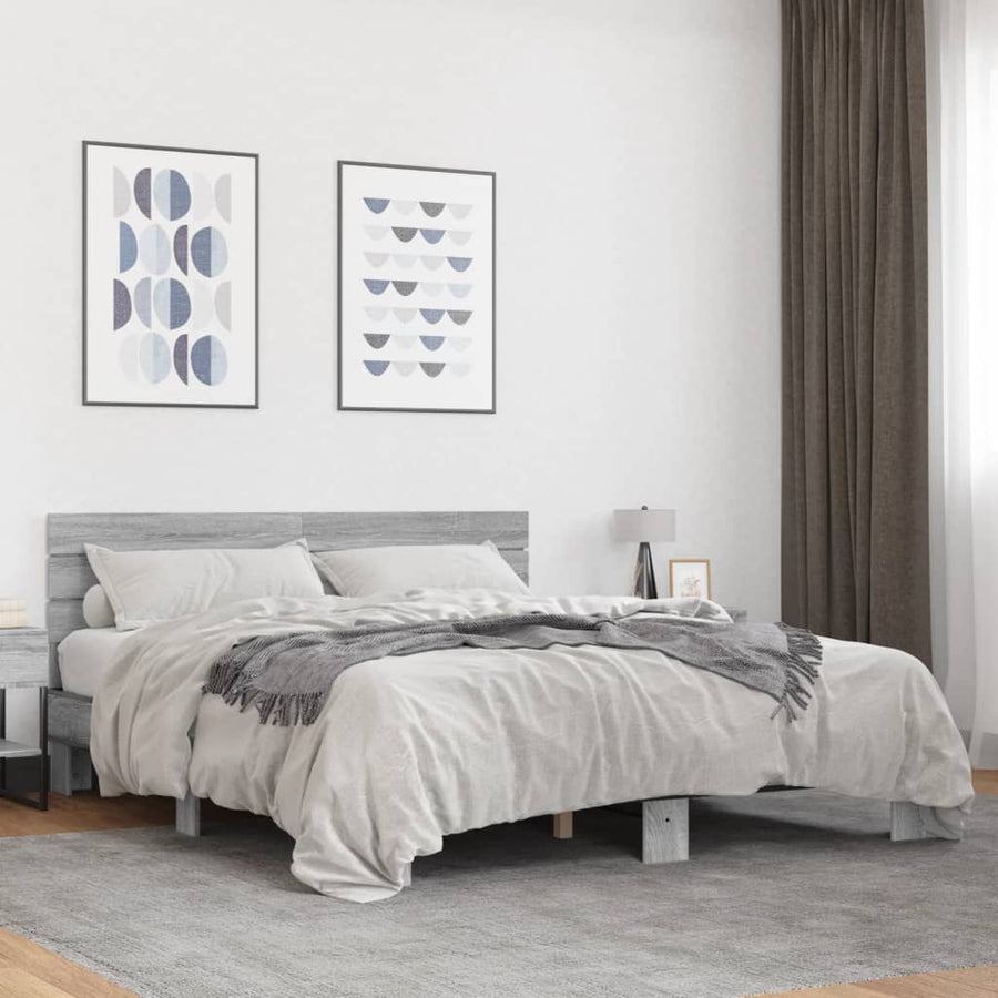 Bedframe bewerkt hout metaal grijs sonoma eiken 150x200 cm