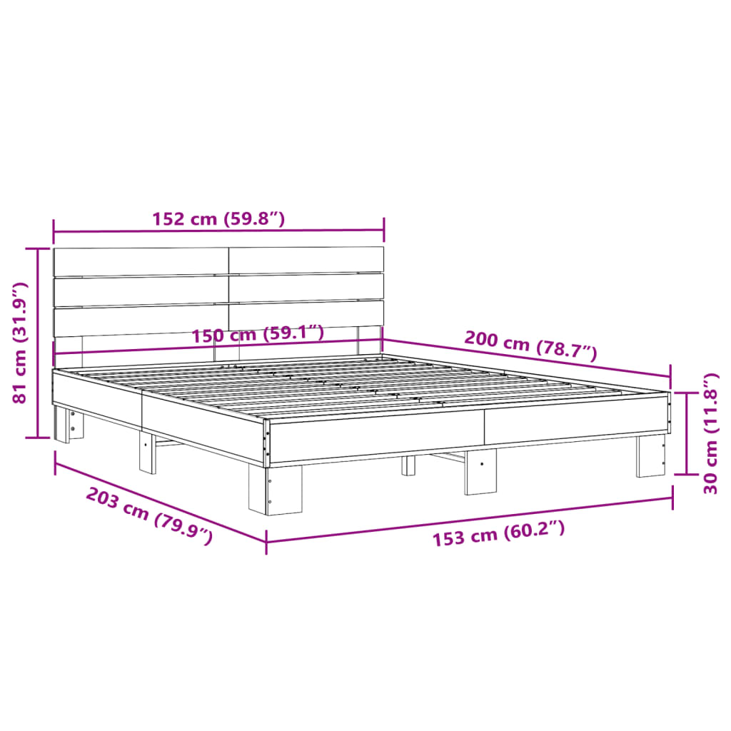 Bedframe bewerkt hout metaal grijs sonoma eiken 150x200 cm