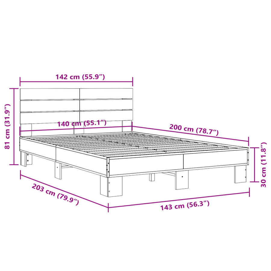 Bedframe bewerkt hout metaal sonoma eikenkleurig 140x200 cm