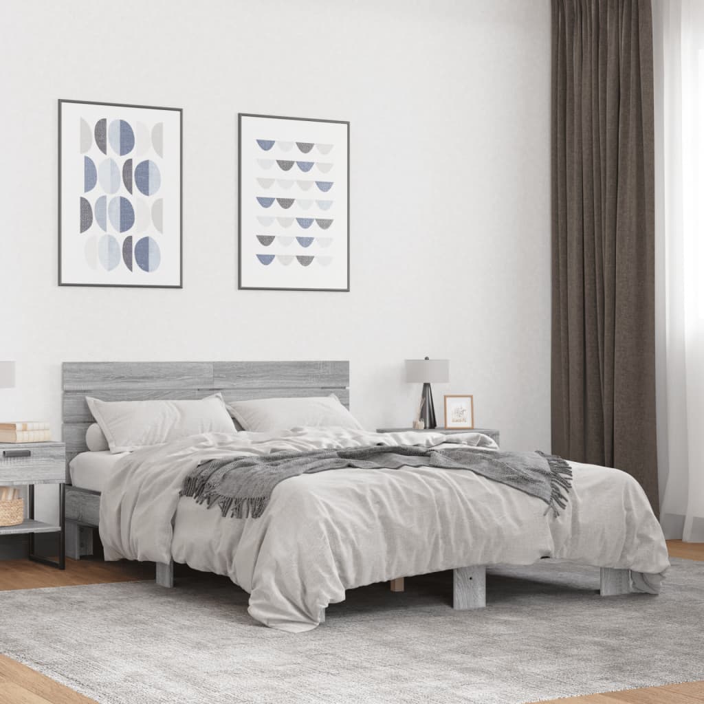 Bedframe bewerkt hout metaal grijs sonoma eiken 140x200 cm
