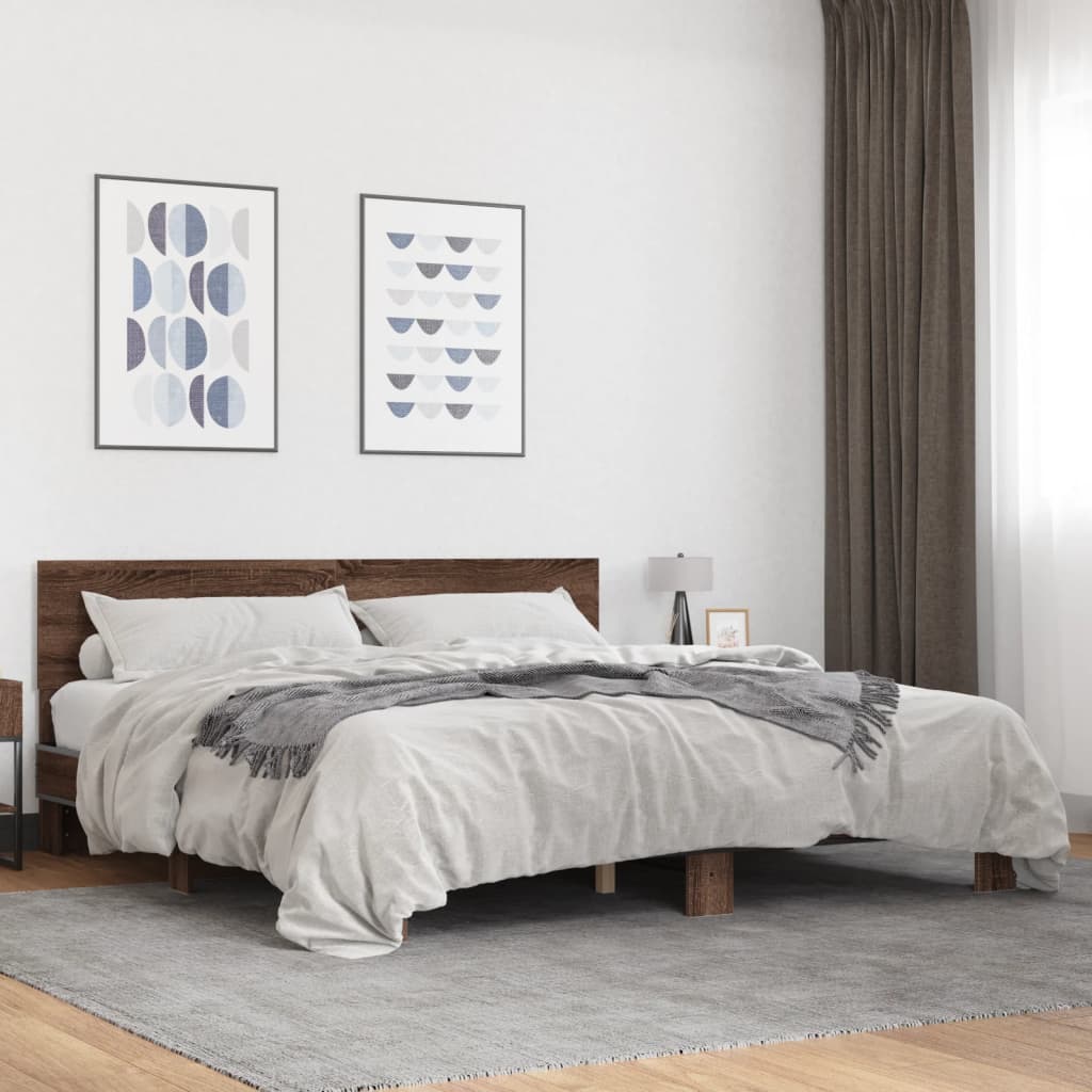 Bedframe bewerkt hout metaal bruin eikenkleur 200x200 cm