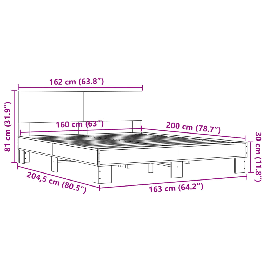 Bedframe bewerkt hout metaal sonoma eikenkleurig 160x200 cm