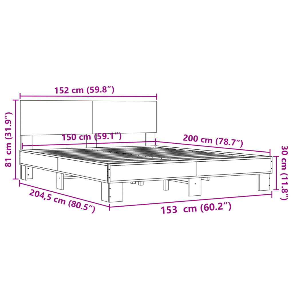Bedframe bewerkt hout metaal grijs sonoma eiken 150x200 cm