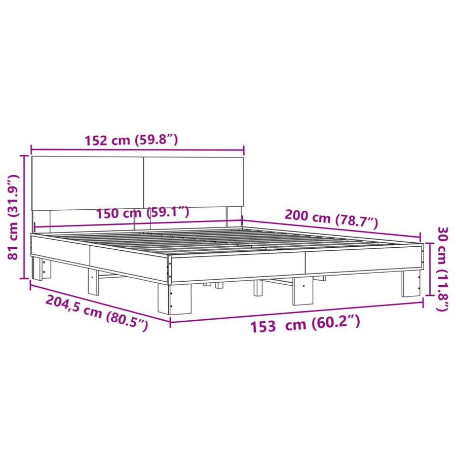 Bedframe bewerkt hout metaal grijs sonoma eiken 150x200 cm