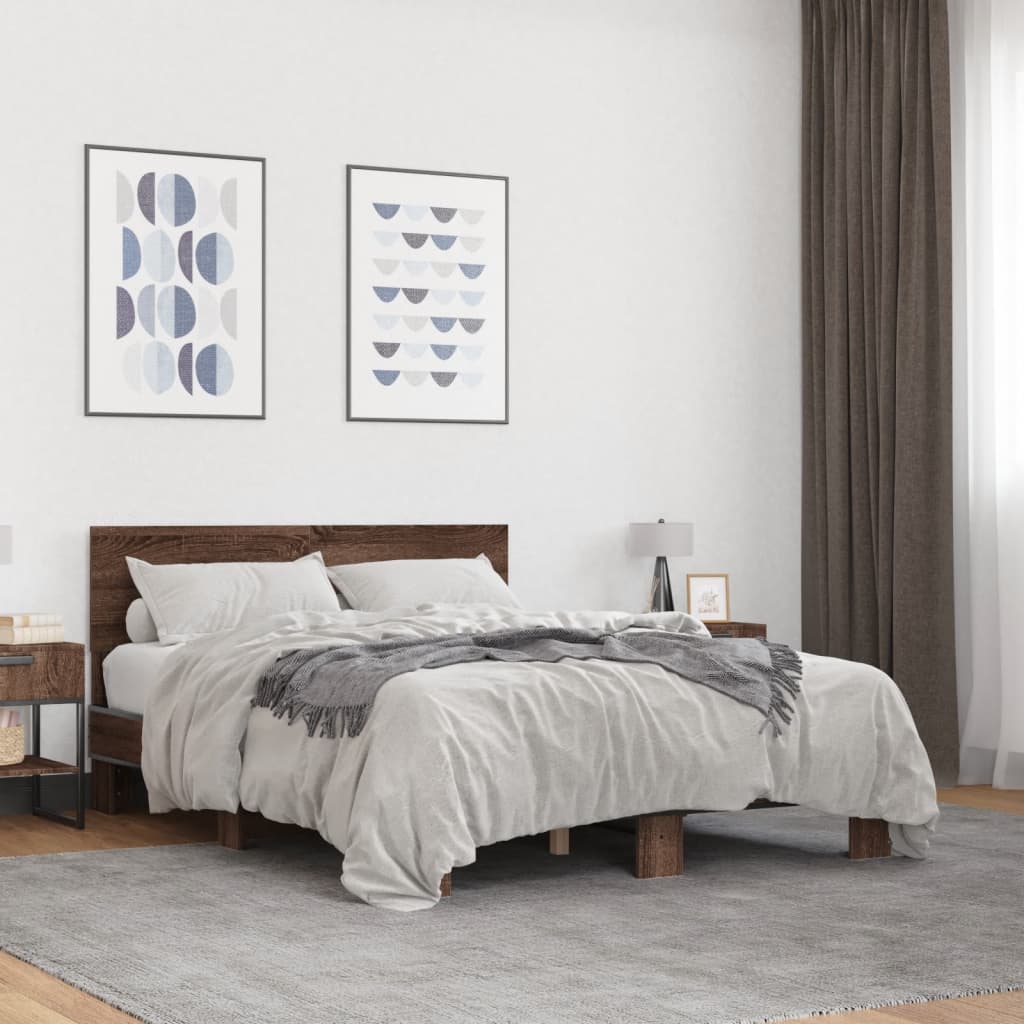 Bedframe bewerkt hout metaal bruin eikenkleur 140x200 cm