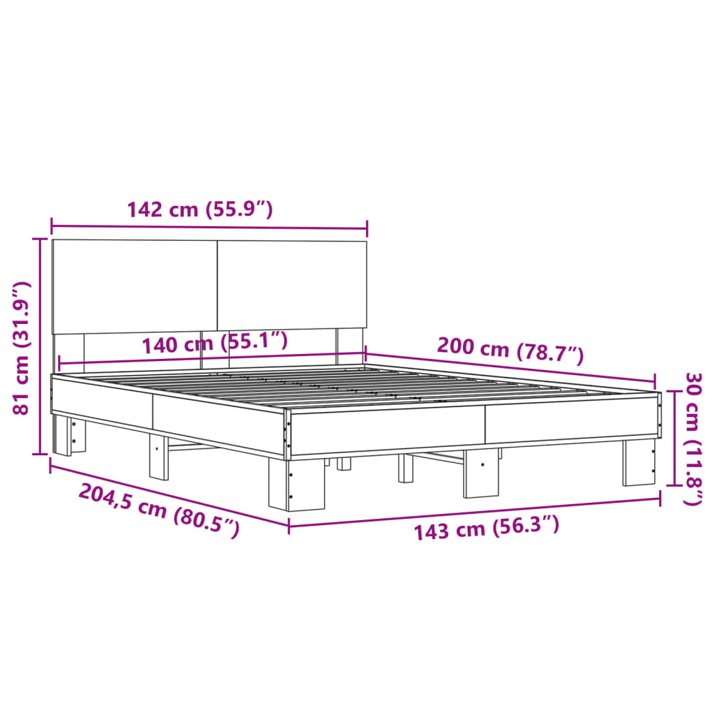 Bedframe bewerkt hout metaal bruin eikenkleur 140x200 cm