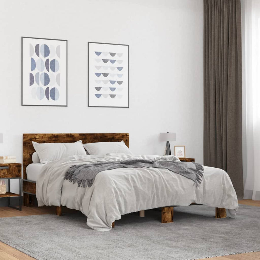 Bedframe bewerkt hout metaal gerookt eikenkleurig 120x190 cm