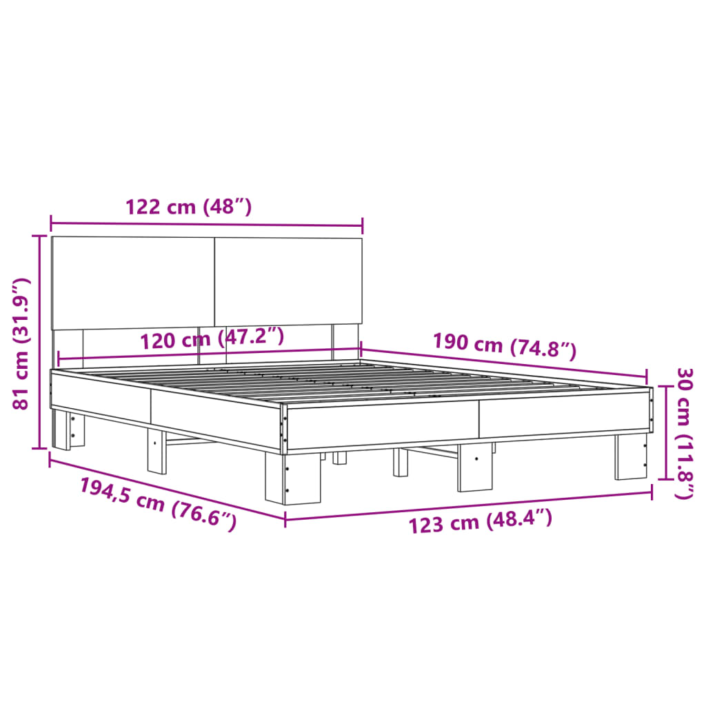 Bedframe bewerkt hout metaal gerookt eikenkleurig 120x190 cm