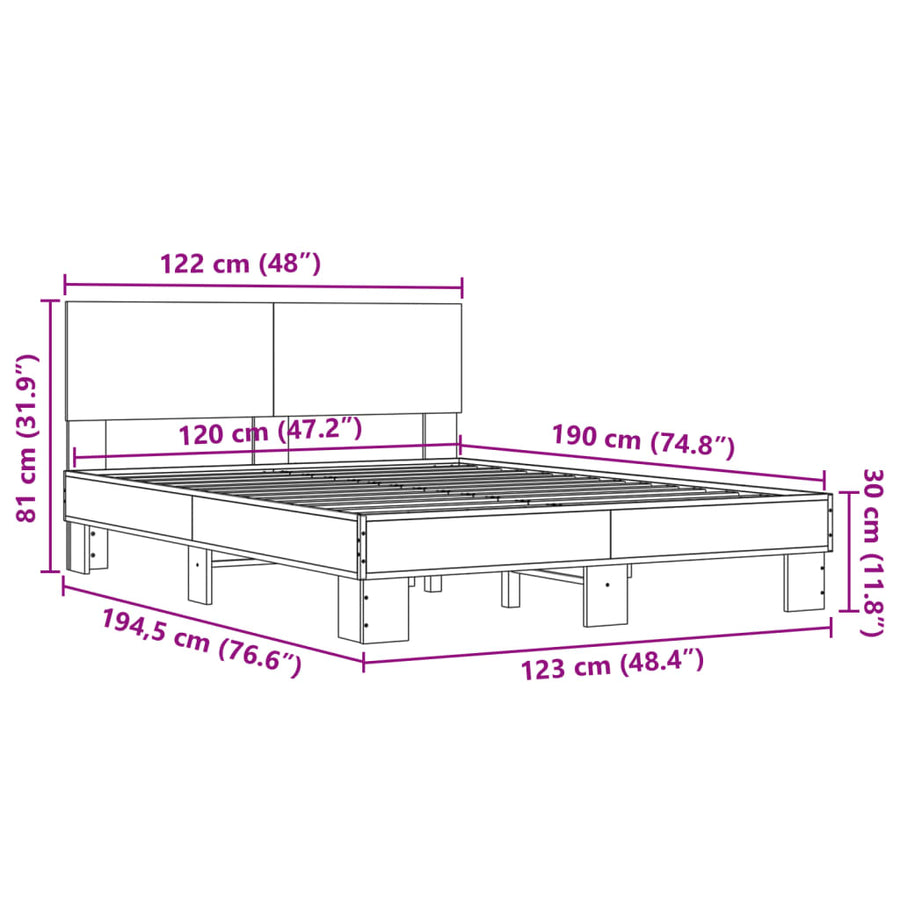 Bedframe bewerkt hout metaal gerookt eikenkleurig 120x190 cm