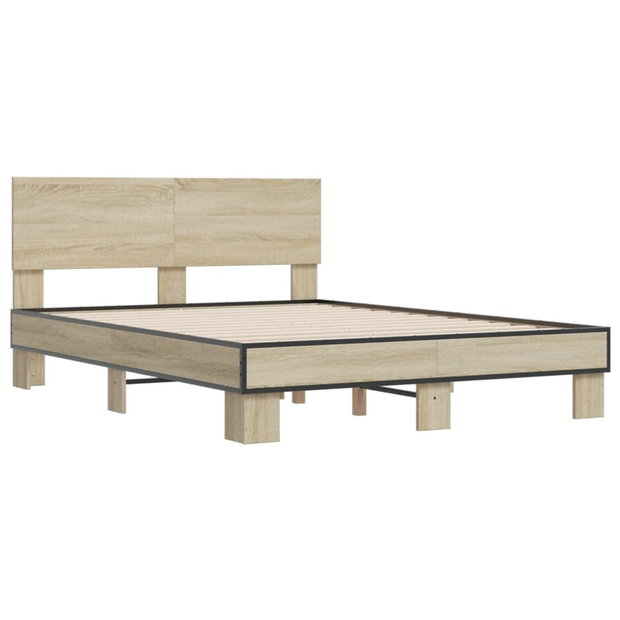 Bedframe bewerkt hout metaal sonoma eikenkleurig 135x190 cm
