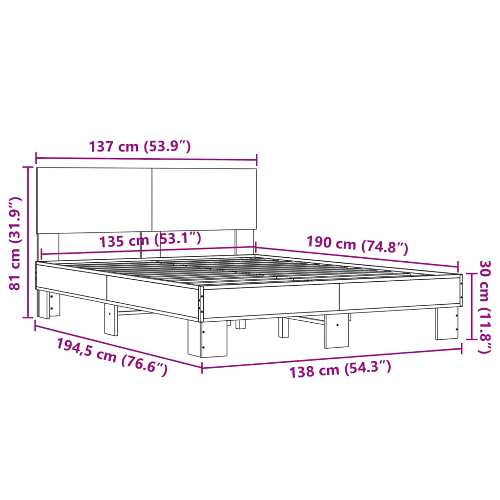 Bedframe bewerkt hout metaal sonoma eikenkleurig 135x190 cm