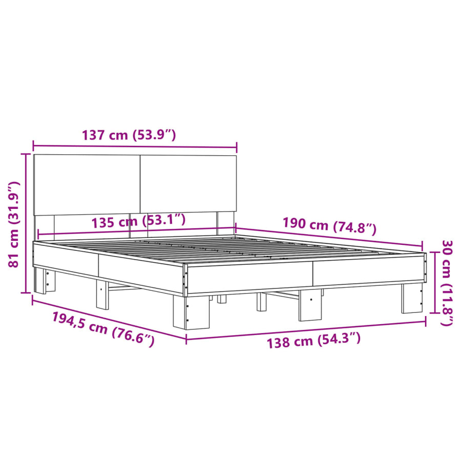 Bedframe bewerkt hout metaal sonoma eikenkleurig 135x190 cm