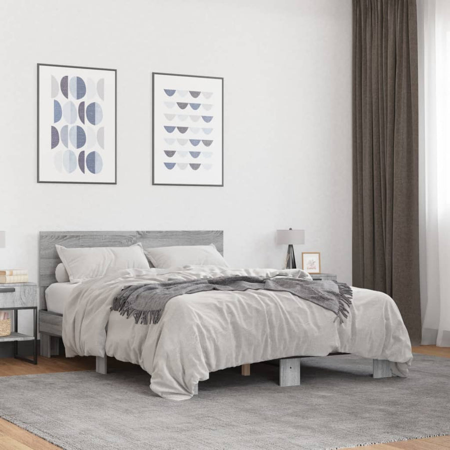 Bedframe bewerkt hout metaal grijs sonoma eiken 135x190 cm