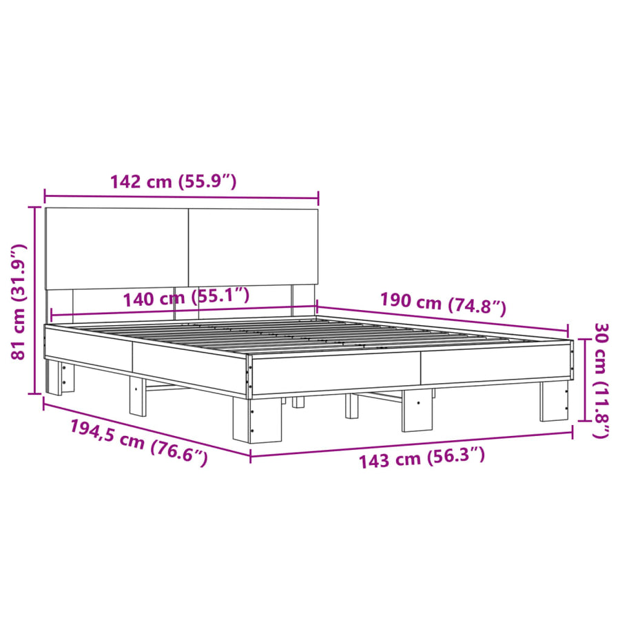 Bedframe bewerkt hout metaal sonoma eikenkleurig 90x190 cm