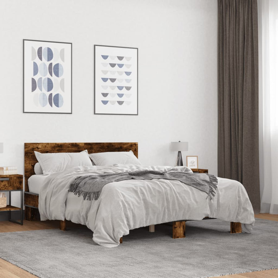 Bedframe bewerkt hout metaal gerookt eikenkleurig 140x190 cm