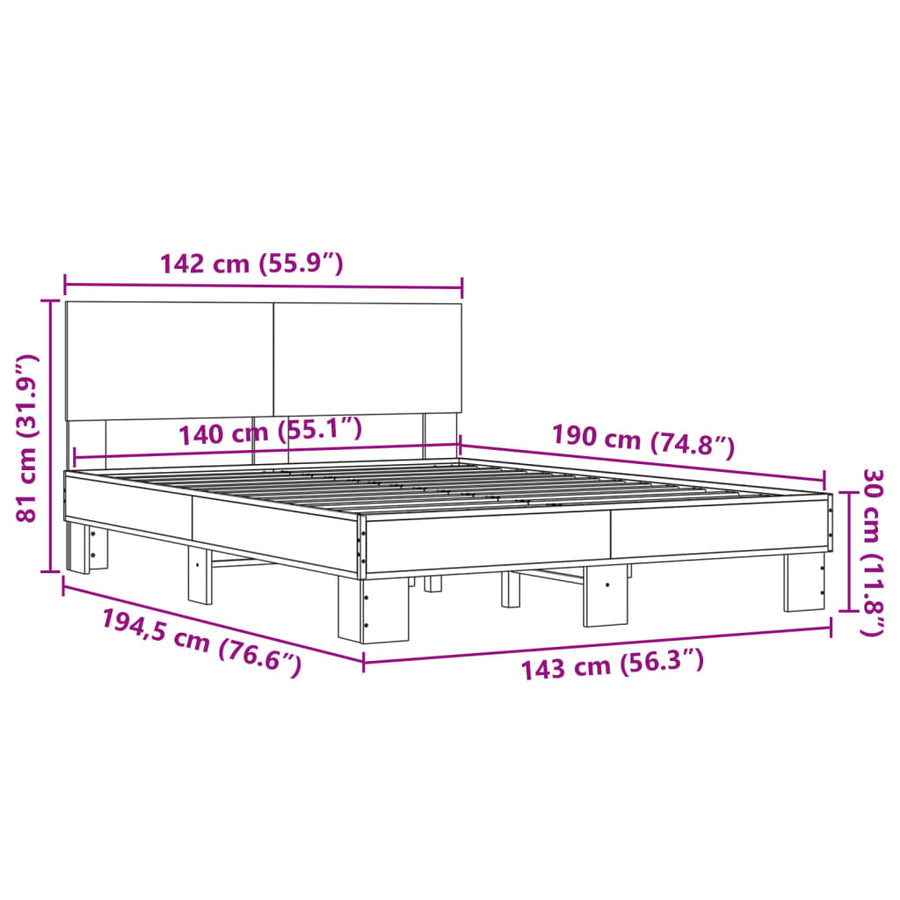 Bedframe bewerkt hout metaal gerookt eikenkleurig 140x190 cm