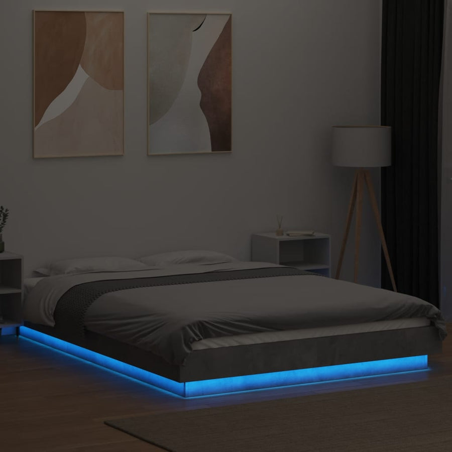 Bedframe met LED-verlichting bewerkt hout betongrijs 135x190 cm