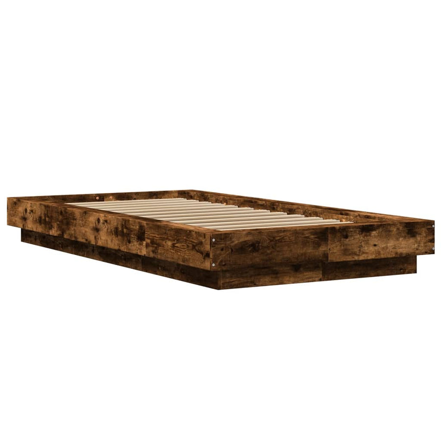 Bedframe LED-verlichting bewerkt hout gerookt eiken 75x190 cm