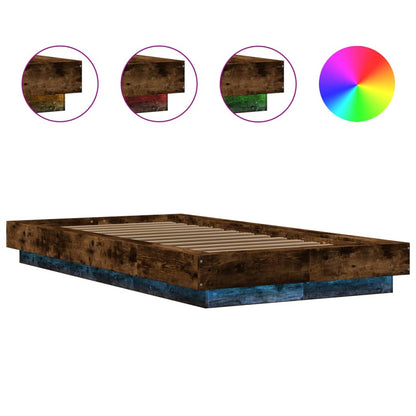 Bedframe LED-verlichting bewerkt hout gerookt eiken 75x190 cm