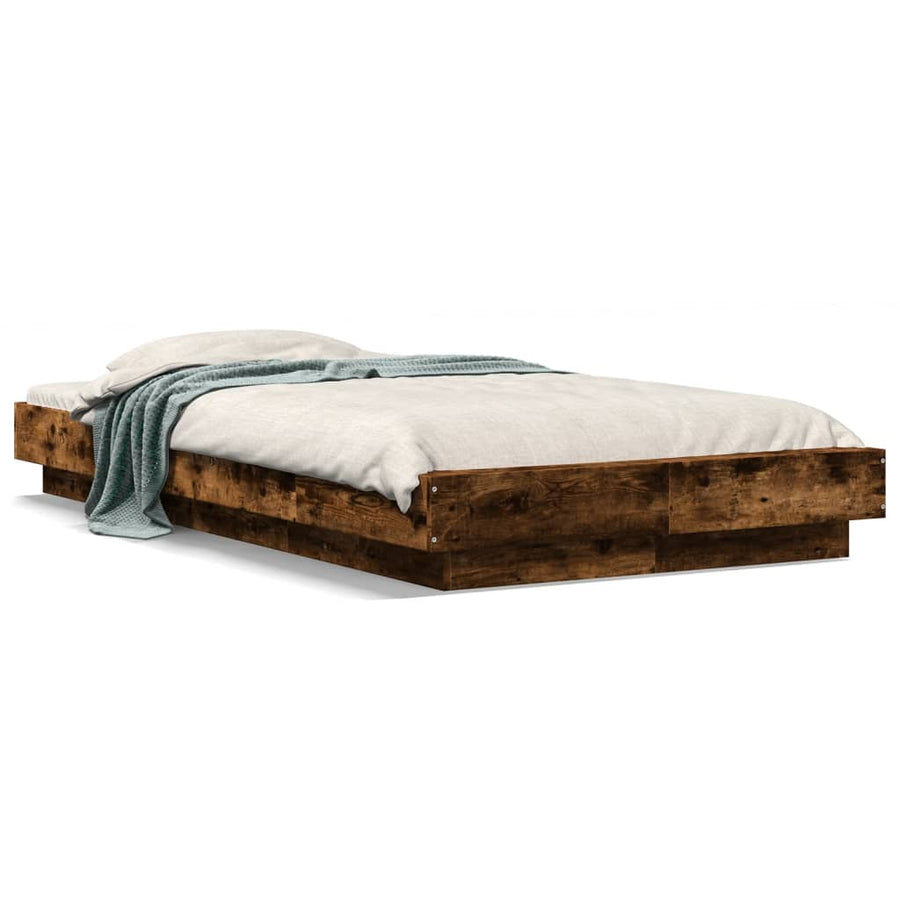 Bedframe LED-verlichting bewerkt hout gerookt eiken 75x190 cm