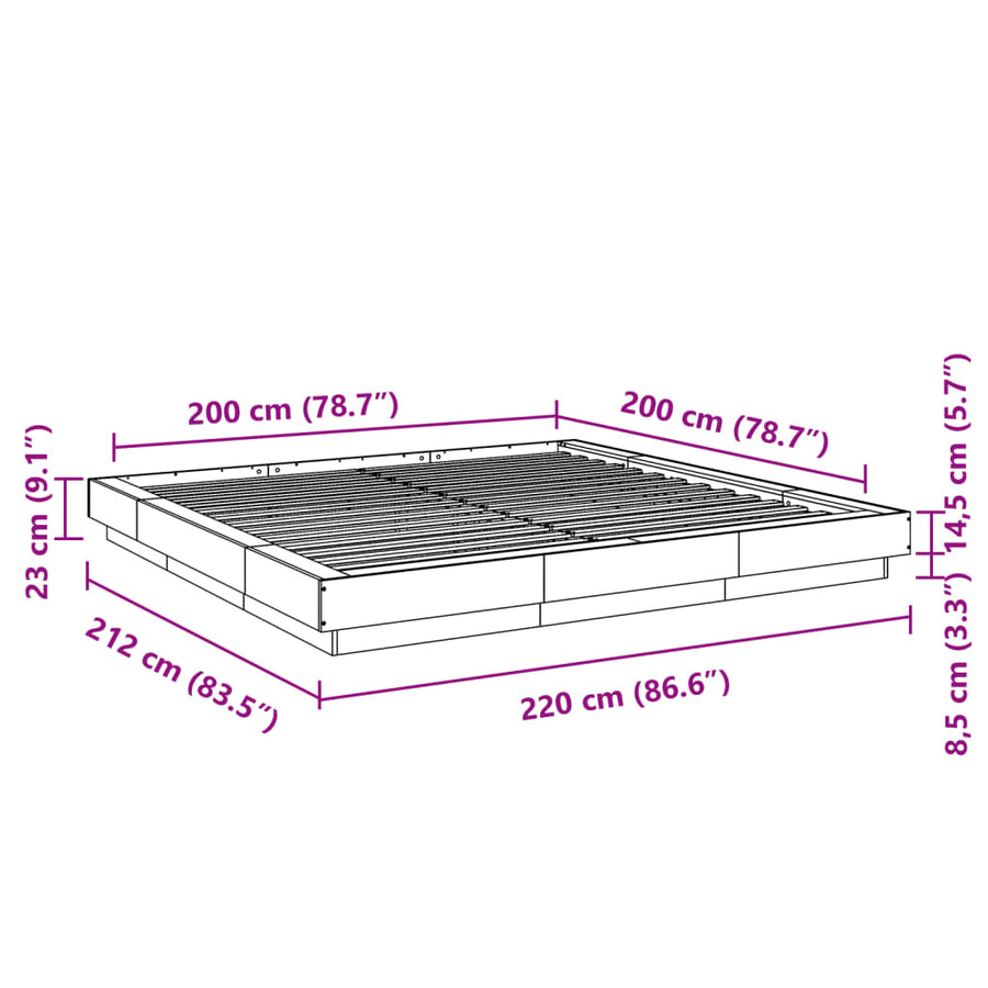 Bedframe massief hout wit 200x200 cm
