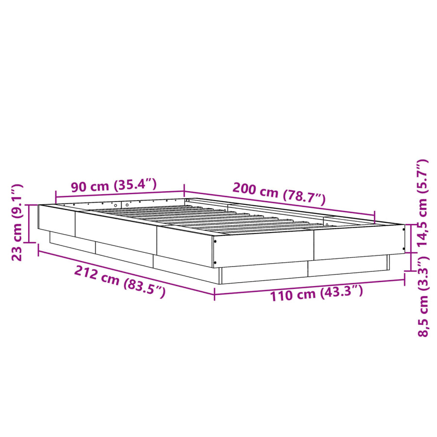 Bedframe bewerkt hout grijs sonoma eikenkleurig 90x200 cm