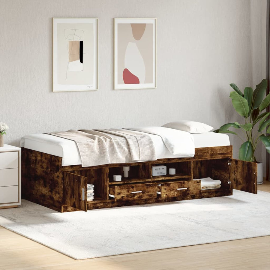 Slaapbank met lades 100x200 cm bewerkt hout gerookt eikenkleur