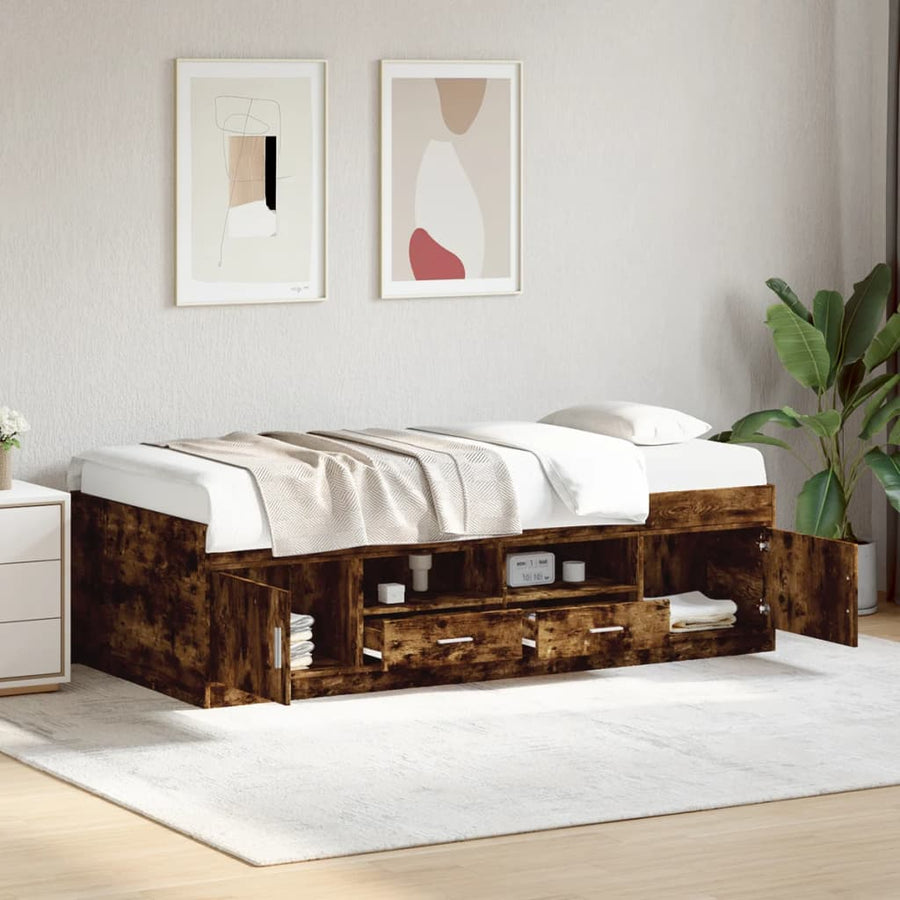 Slaapbank met lades 75x190 cm bewerkt hout gerookt eikenkleurig