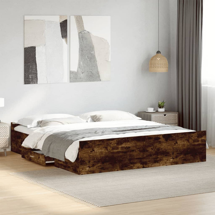 Bedframe met lades bewerkt hout gerookt eikenkleurig 200x200 cm