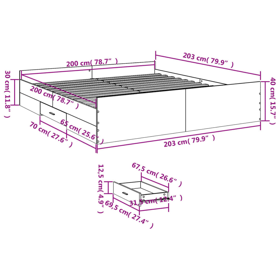 Bedframe met lades bewerkt hout gerookt eikenkleurig 200x200 cm
