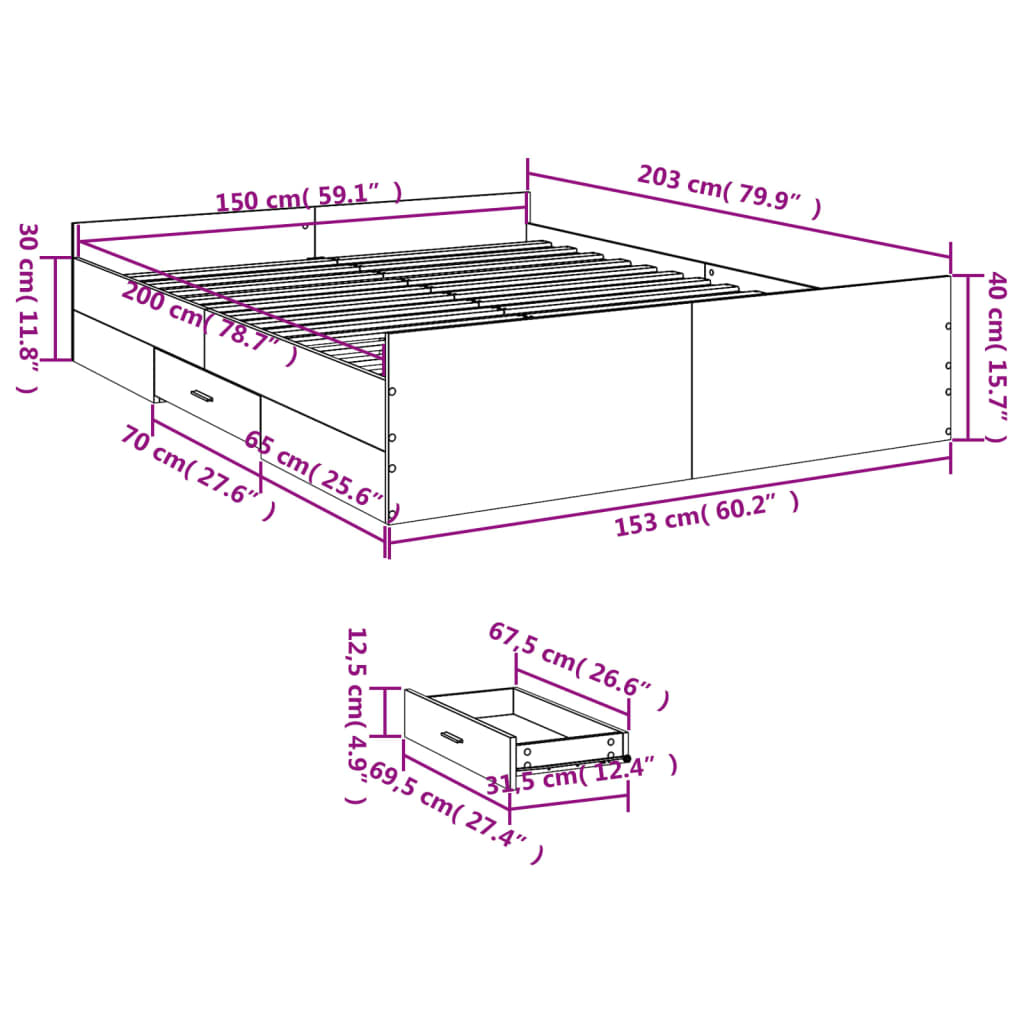 Bedframe met lades bewerkt hout wit 150x200 cm