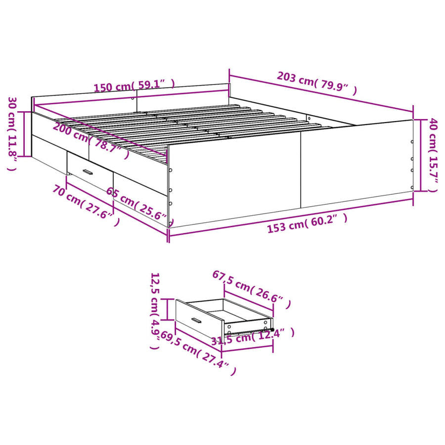 Bedframe met lades bewerkt hout grijs sonoma eiken 150x200 cm