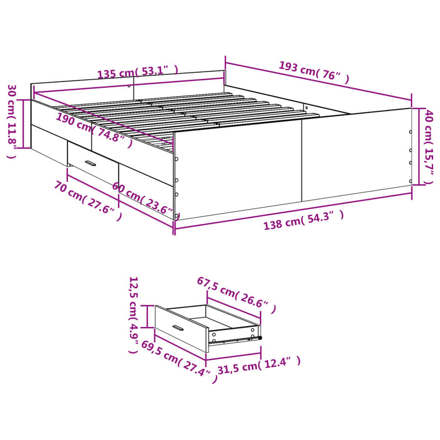 Bedframe Met Lades Bewerkt Hout 135 x 190 cm