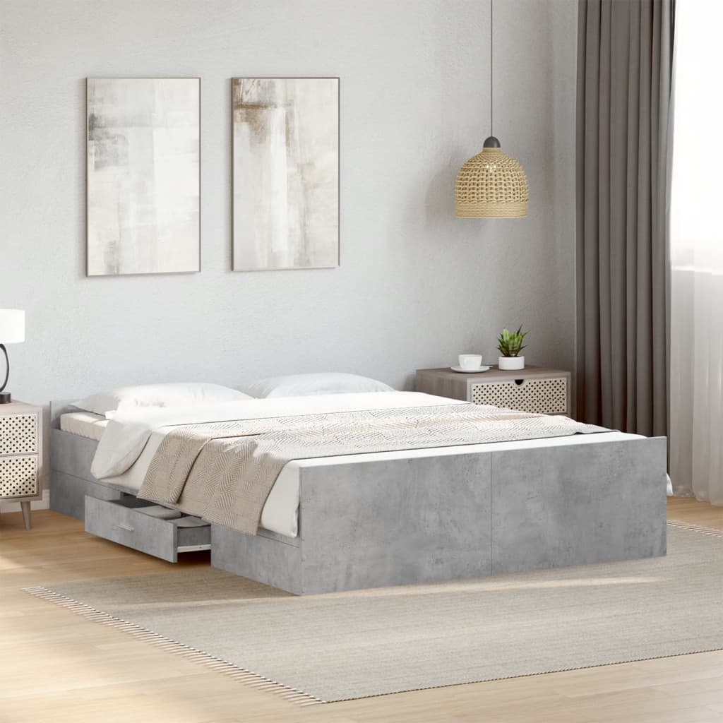 Bedframe met lades bewerkt hout betongrijs 135x190 cm