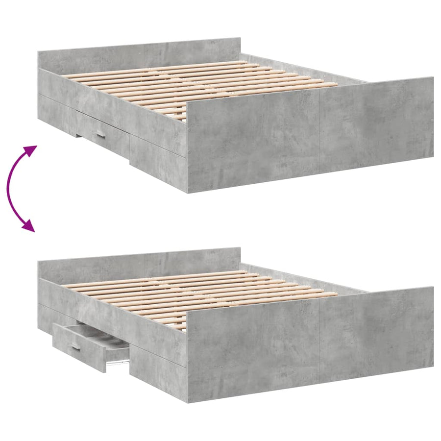 Bedframe met lades bewerkt hout betongrijs 135x190 cm