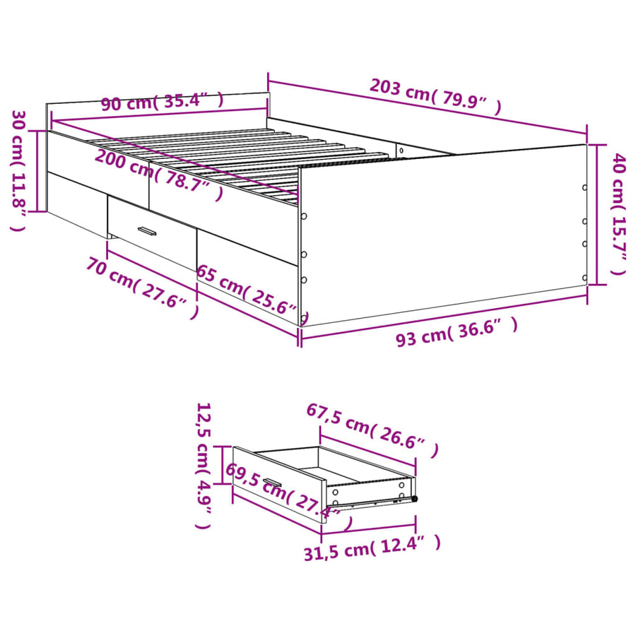 Bedframe Met Lades Bewerkt Hout 90 x 200 cm