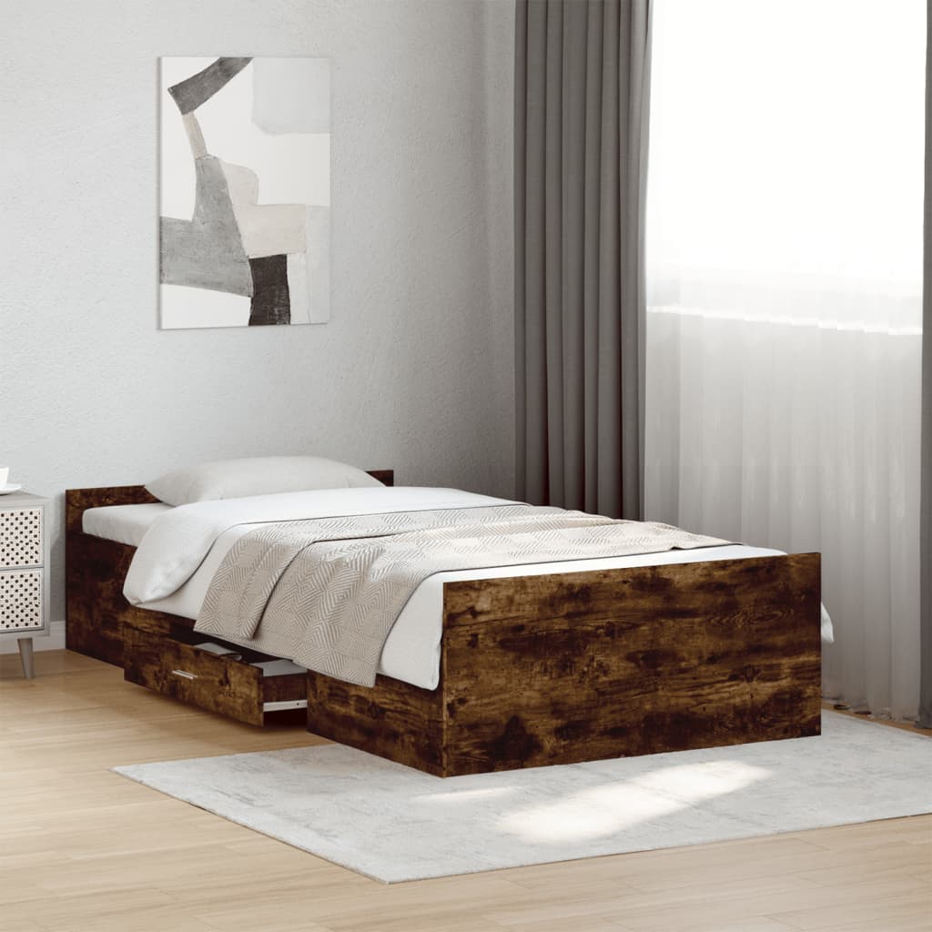 Bedframe met lades bewerkt hout gerookt eikenkleurig 90x200 cm